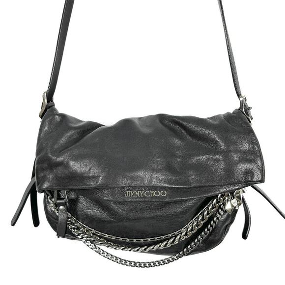 Jimmy Choo Black Leather Chain-Link Hobo Crossbody Bag - Picture 1 of 9
